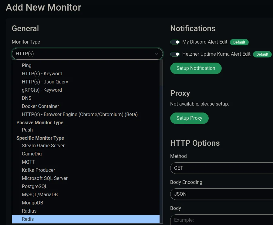 A screenshot titled Add New Monitor with monitor type options such as HTTP(s), Ping, DNS, Docker Container, MQTT, and many more.