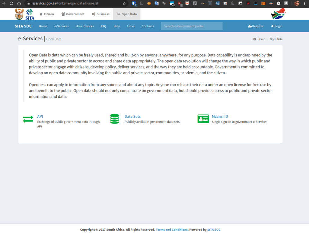 An old screenshot of a webpage showing copyright 2017 at the bottom. Site shows a SA gov logo as well as a SITA logo to the top left. Page title is e-Services Open Data. It goes on to explain what open data is and how it can revolutionise the way that the public and private sectors engage with government. It provides links to API, Data Sets, and Mzansi ID.
