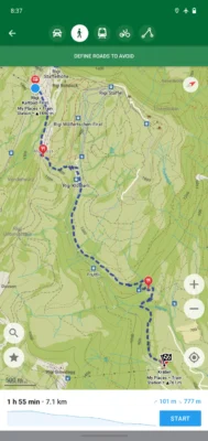 Phone app screen showinga countour type map with green shades and countour lines. There is a route highlighted with blue dashes that starts at Rigi and ends Krabel. At the bottom it shows 1 h 55 min - 7.1 km.