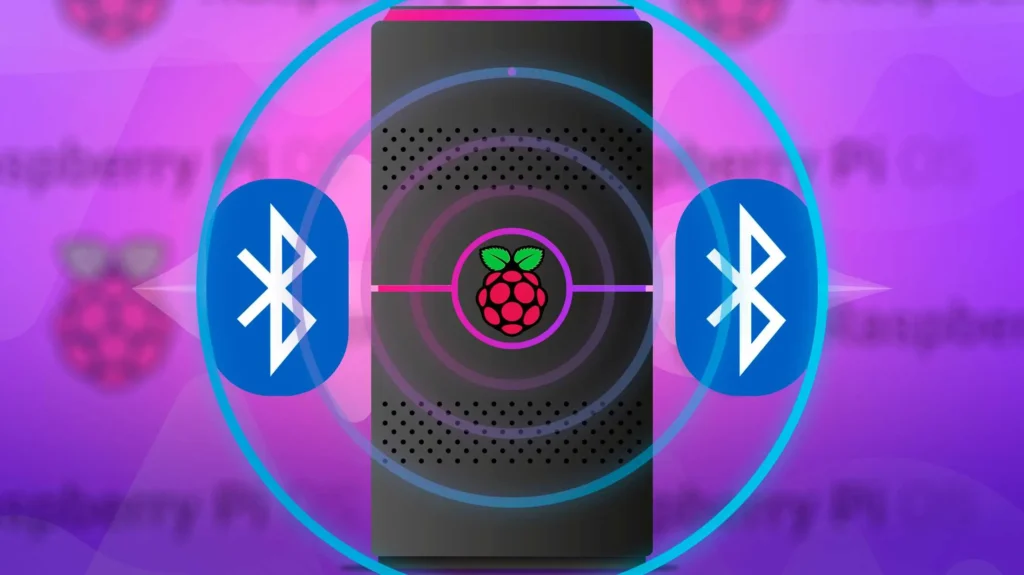 Purple colour background showing a black Raspberry Pi case with the raspberry symbol on the front. There are blue concentric circles appearing to radiate out from the device. On each side is a blue coloured Bluetooth logo.