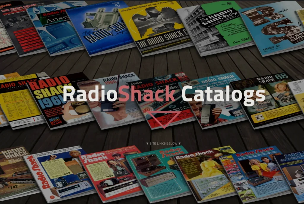 An assortment of Radio Shack catalogues set out on a wooden surface. The title appears in the middle, saying Radio Shack Catalogs.