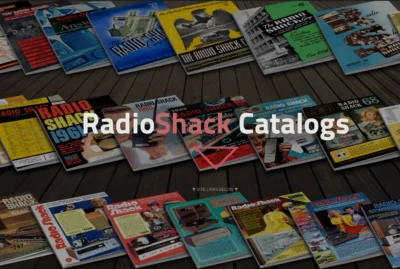 An assortment of Radio Shack catalogues set out on a wooden surface. The title appears in the middle, saying Radio Shack Catalogs.