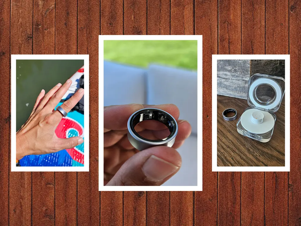 The background looks like a brown wooden fence with vertical slats. In the foreground are three photos, the left one being a hand wearing a silver ring. The middle photo is a close view of a silver ring, with sensors visible on the inside, and two fingers holding it. The right side photo shows a rectangular transparent plastic case, with its lid open. Next to the case lies a silver ring.