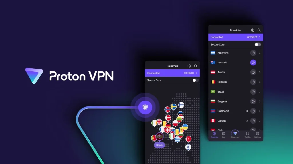 Purple and green background with title Proton VPN. To the right are seen two smartphone screens, one with title countries and showing many country flags over a depiction of Europe, and the other has the title Countries but lists countries by name with their flags.