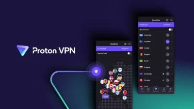 Purple and green background with title Proton VPN. To the right are seen two smartphone screens, one with title countries and showing many country flags over a depiction of Europe, and the other has the title Countries but lists countries by name with their flags.