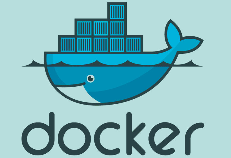 Docker logo, which is a whale underwater with some of it protruding above the surface. Stacked on top are a couple of squares which represent containers. At the bottom is the word docker.