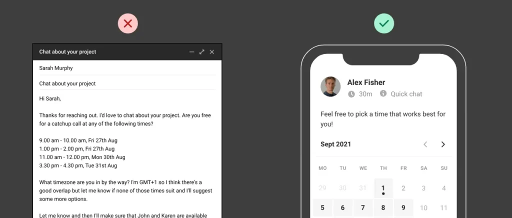 Meeting invites showing one image of an e-mail format invite to someone giving various optional times to choose from. On the right side is an app open on a phone, prompting the user to just pick a time that works best from them from a month calendar view.