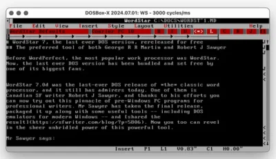 Old DOS based word processor showing some sample text, and the shortcut key type menus in use back in the day.