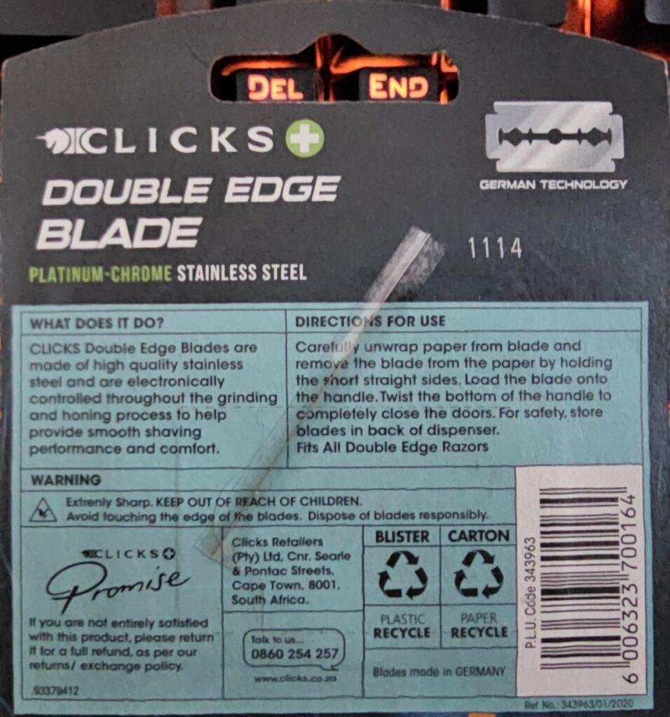 Rear side of packaging saying what the blades do (but describes more how they are made), and also directions for use. It further states the plastic and paper can be recycled.