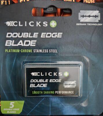 A pack of razor blades that are branded with the name Clicks. It states it is German Technology, and they are double edge blades, with 5 blades in the pack.