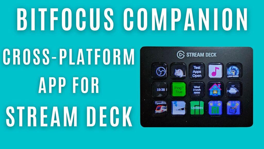 Text as per post title with teal blie colour background with an image of a Stream Deck which is a black box with buttons on the front, arrange 5 buttons wide by 3 rows high.