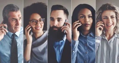 separate photos of five people all holding cellphones to their ears.