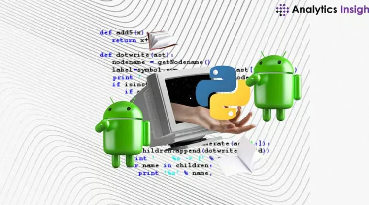 Old CRT monitor with a hand extending out of it. Above the hand is hovering a Python logo. On the left and right sides of the monitor are green Android robotos. In the background can be seen some random Python coding statements.