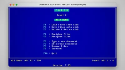 A DOSBox screen showing an old BASIC program's main menu text screen. It is a blue background with white text. Text states CODER Level 2 MAIN MENU. Option one F1 Load files from disk, option 2 F2 Save files onto disk, option 3 F3 Delete files on disk, option 4 Encipher files, option 5 F5 Decipher files, option 6 F6 Type a new document, option 7 F7 Edit/read documents, option 8 F8 Rename files, option 9 F9 Terminal, and option 10 F10 Quit.