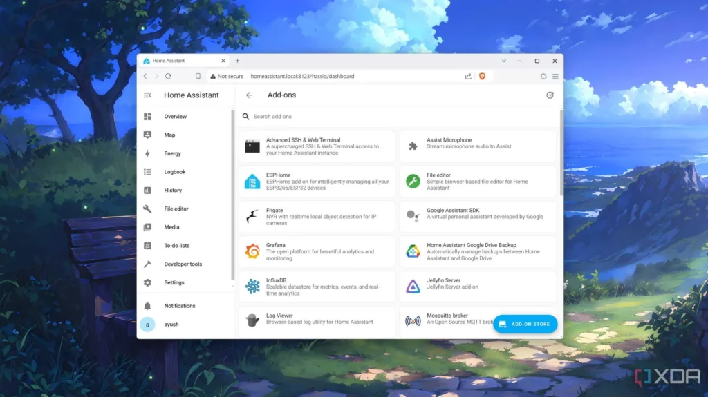 A Home Assistant screen showing various Add-ons listed such as Advanced SSH & Web Terminal, ESPHome, Frigate, Grafana, InfluxDB, Log Viewer, Assist microphone, File editor, Google Assistant SDK, Home Assistant Google Drive Backup, Jellyfin server, and Mosquitto broker.