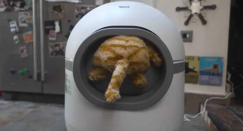 A white self-cleaning cat litter box which looks like a round basket with a cover and a grey doorway in the front (a bit like a front loading washing machine). A toy ginger cat is shown to be stuck in the door, which has closed on it. The back end of the toy cat is protruding out of the door.