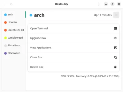 Window with title BoxBuddy. On the left is a list of various Linux distros installed such as arch, ubuntu, etc. In the centre are options listed for Open terminal, Upgrade box, View applications, Clone box, and delete box.