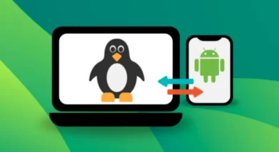 Green background showing a graphic of a laptop with a Linux Tux penguiin on it. To the right is a graphic showing an Android smartphone with Android logo on it. Two-way arrows join the laptop and the phone.