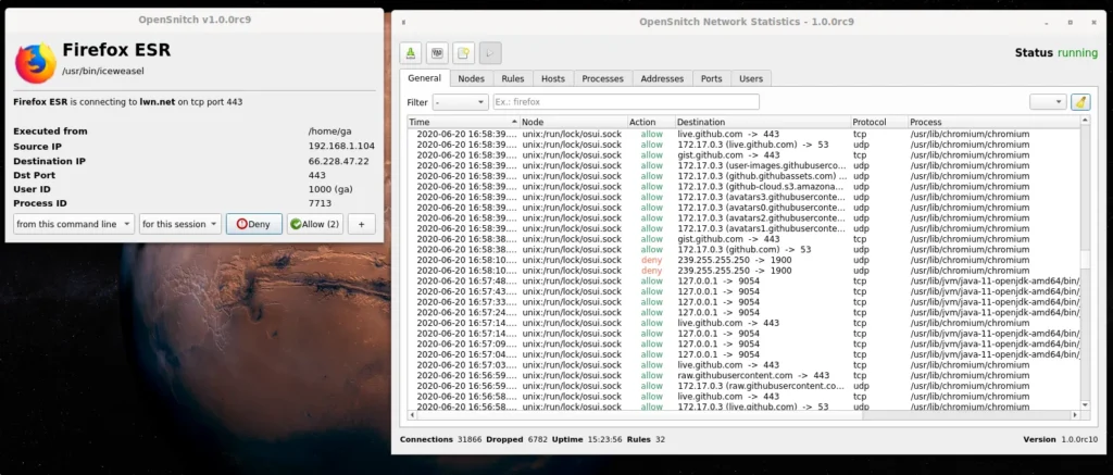 Two open windows. One on the left is a popup titles Firefox ESR and stating that Firefox ESR is connecting to lwn.net on TCP port 443, and has button optiosn for Allow, Deny, for this session, and from this command line. The right window is titled OpenSnitch Network Statistics, and is a long list of connections showing for each one the time, node, action, destination, protocol, and the process.