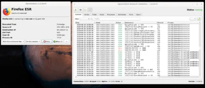 Two open windows. One on the left is a popup titles Firefox ESR and stating that Firefox ESR is connecting to lwn.net on TCP port 443, and has button optiosn for Allow, Deny, for this session, and from this command line. The right window is titled OpenSnitch Network Statistics, and is a long list of connections showing for each one the time, node, action, destination, protocol, and the process.