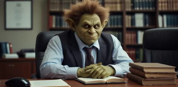 An office with a wooden desk, large bookshelf in the background against the wall, and a degree certification framed on teh wall. Behind the desk sits a person with a green coloured troll face and long red hair standing up.