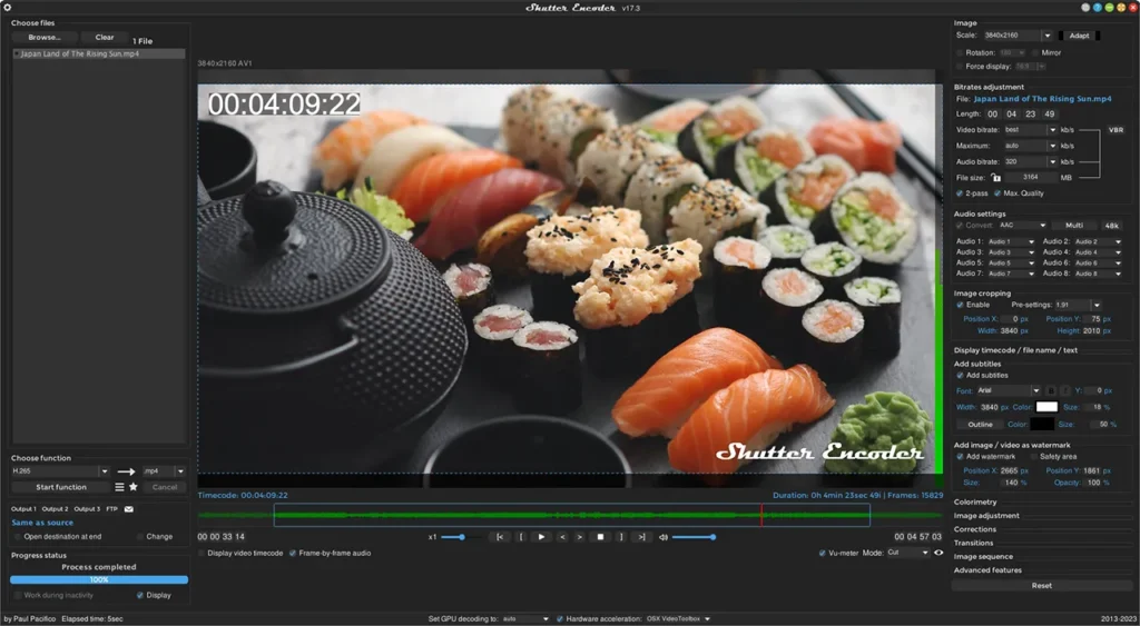 Shutter encoder app window showing a large image in teh centre ofa pot with some food next to it. Below that can be seen an audio waveform typically seen in video editors. To the righ are numerous settings toggles for video bitrate, audio codecs, video cropping, etc.