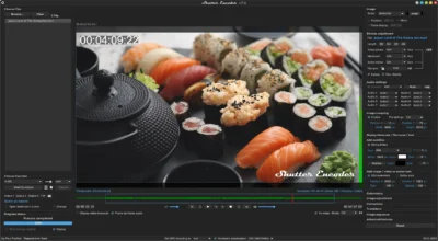 Shutter encoder app window showing a large image in teh centre ofa pot with some food next to it. Below that can be seen an audio waveform typically seen in video editors. To the righ are numerous settings toggles for video bitrate, audio codecs, video cropping, etc.