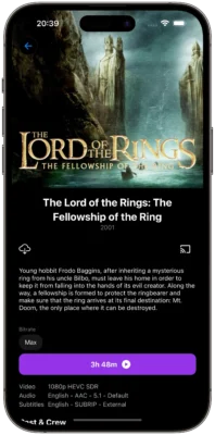 Smartphone showing a movie summary on the screen for The Lord of the Rings The Fellowship of the Ring with date 2001.