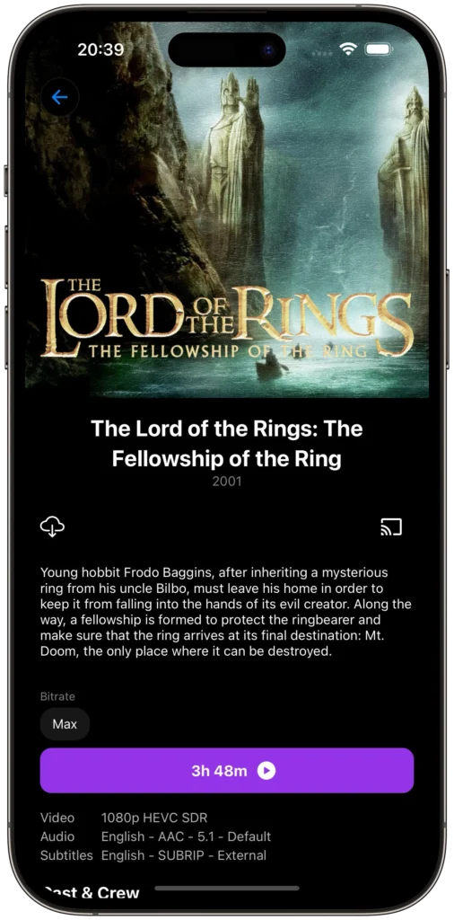 Smartphone showing a movie summary on the screen for The Lord of the Rings The Fellowship of the Ring with date 2001.