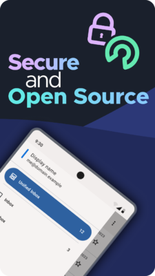 Top part of a smartphone screen see with heading Display name me@domain.example, and word inbox below. There is a caption above stating Secure and Open Source.