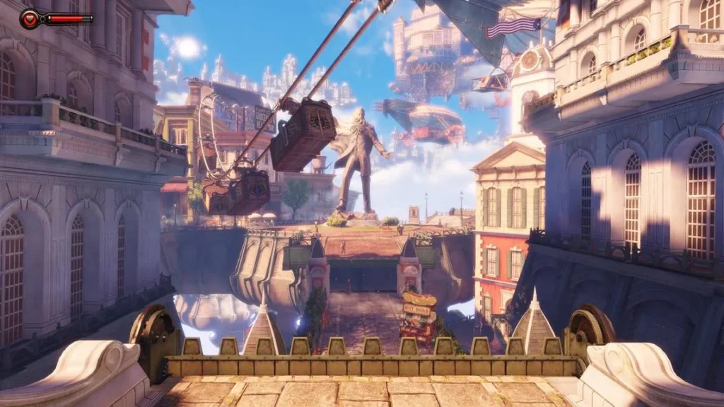 A floating city with neoclassical architecture, flying ships, and a giant statue in the center.