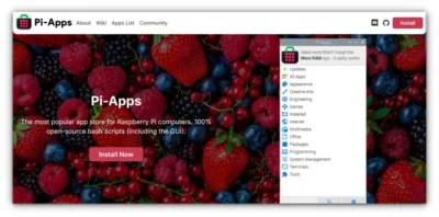 Webpage with background covered in strawberries, blackberries, and other berries. Title on page says Pi-Apps. To the right is a copy of a Pi window showinga list of different application categories such as Updates, Appearance, Creative Arts, Engineering, etc.