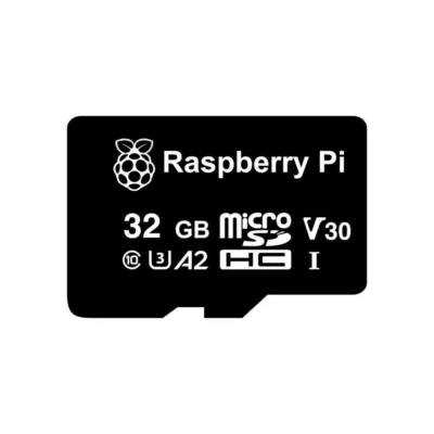 A small black micro-SD card with printing on t stating: Raspberry Pi 32 GB micro SD V30.