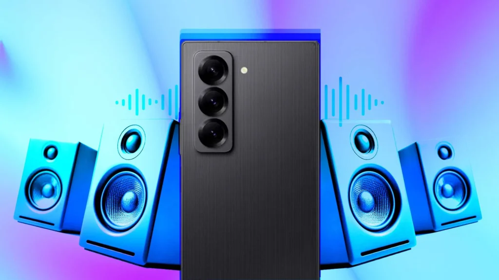 Rear side of a smartphone with three round camera lenses. On either side are seen two pairs of speakers, each with a large bass woofer and one small treble woofer above it.