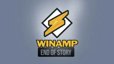 Winamp's lightning logo with words WINAMP END OF STORY