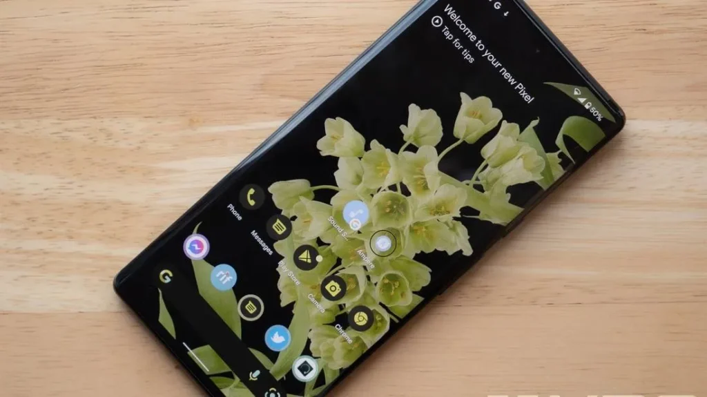 A smartphone showing a black home screen background with some creamy-yellow coloured flowers. There are a few icons on the screen labelled as phone, messages, Play store, camera, and Chrome.