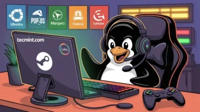 A cartoon penguin wearing a headset gaming excitedly at a colorful desktop, featuring Linux distribution logos and gaming tools.