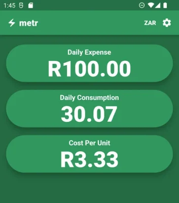 A screenshot of the Metr app showing three information buttons - one says Daily expense R100, another shows Daily consumption as 30.07, and the third shows Cost per unit as R3.33.