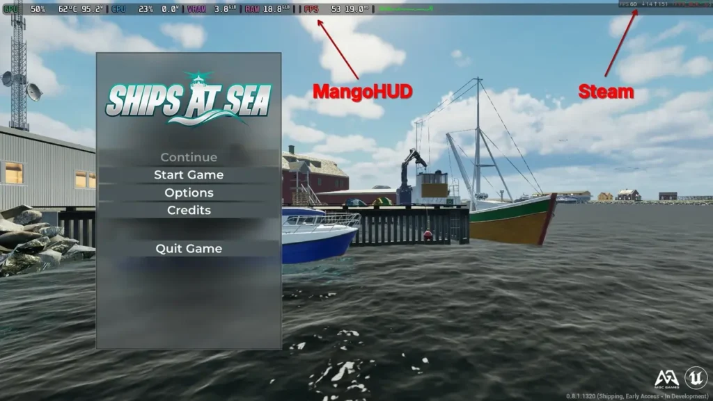 Game menu for "Ships at Sea," showing options and gameplay stats with a harbor scene and boats in the background.