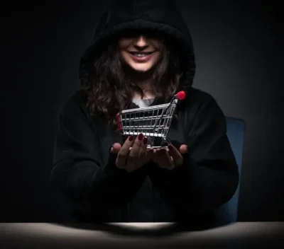 A woman wearing a black hoodie which is obscuring the top of her head. Her hands are holding a toy size shopping trolley in front of her.