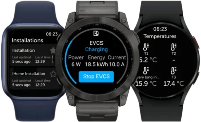 Three smartwatches: Ine showing installations with last update time, the middle one showing a progress bar for EV charging with status such as power in watts and energy and current, and the third watch showing temperatures.