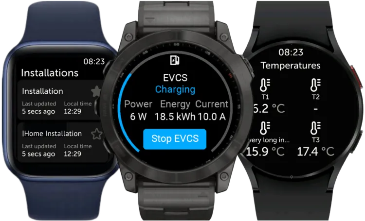 Three smartwatches: Ine showing installations with last update time, the middle one showing a progress bar for EV charging with status such as power in watts and energy and current, and the third watch showing temperatures.