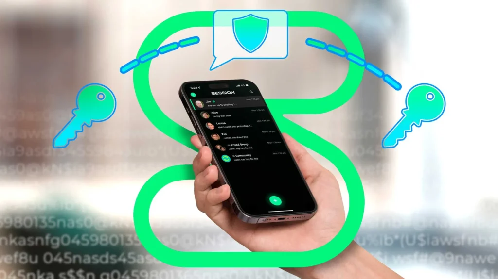 A hand holdinga phone. Around the phone can be seen graphics depicting two keys connected to a shield in between them. In the background is a green S which is Session's logo.