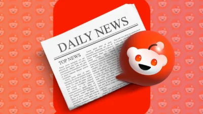 Red colour background with small Reddit logos on. A graphic of a newspaper is in the centre which has a title Daily News, and below that a smaller title saying Top News. Superimposed over the bottom right of the newspaper is a bright red Reddit logo with a smiling face on it.