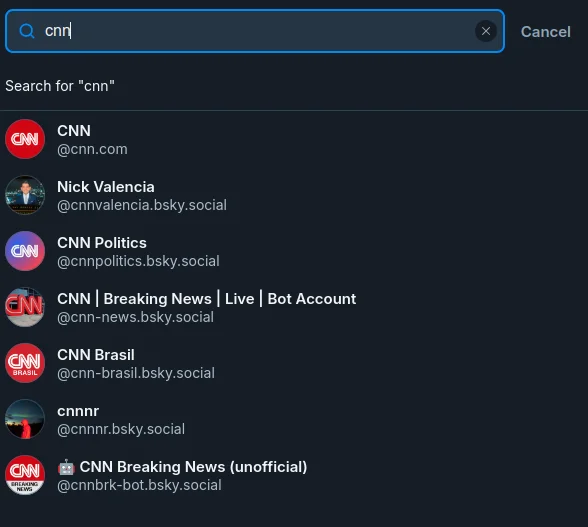 A search box on Bluesky social network showing the search term "cnn" typed in. A number of results are listed below the search box, with @cnn.com at the top of the list. Other results show @cnnvalencia.bsky.social and @cnnpolitics.bsky.social.