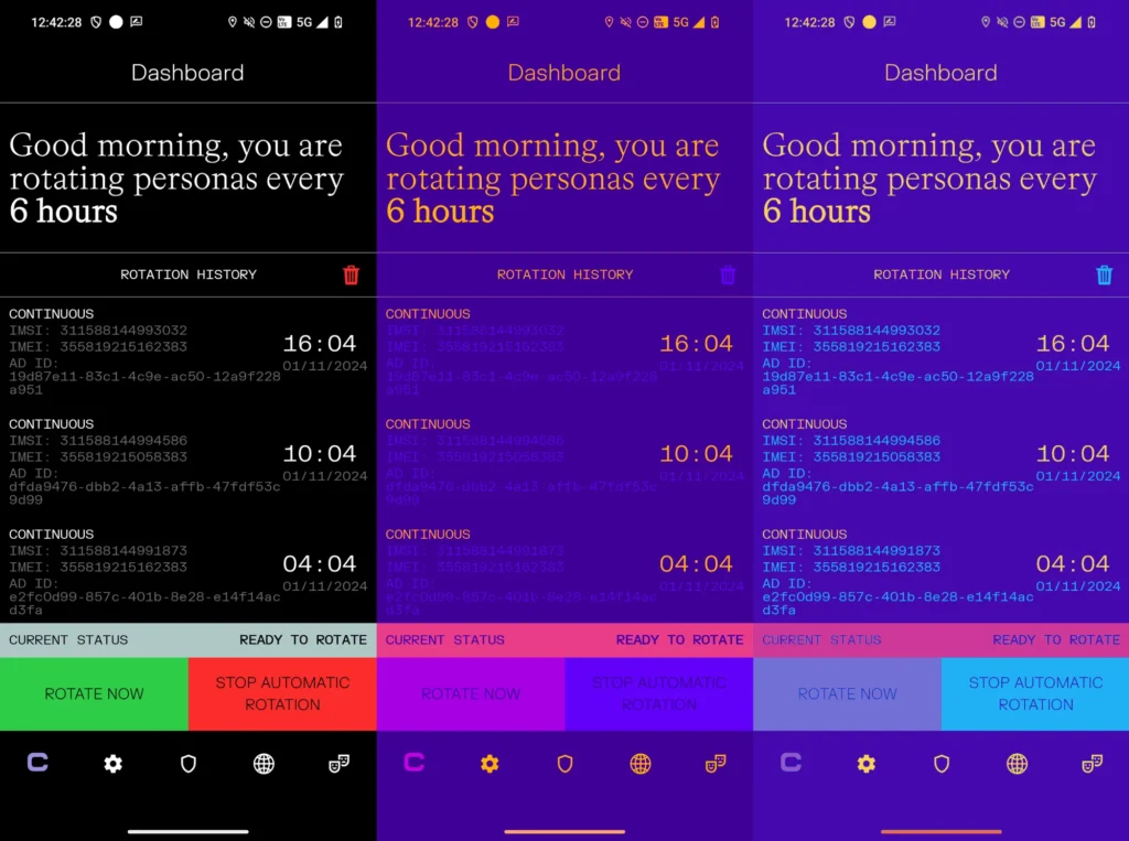 Smartphone screen showing title Dashboard. Below that is text stating Good morning, you are rotating personas every 6 hours. Below that it lists the previous persona rotations with the date and time of each.