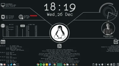 A desktop background showing various system stats such as CPU details, hard drive details, a time clock and date, a short calendar excerpt, etc.