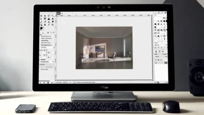 A desktop monotor showing the GIMP application open for photo editing. Various icons are situated around the central edit area. In the editing area is shown a photo of a living room with a smal;l table on the left, in the centre a chair which is facing the left rear corner of the room. Against the far wall is a table with what looks like a large screen TV on top of it.