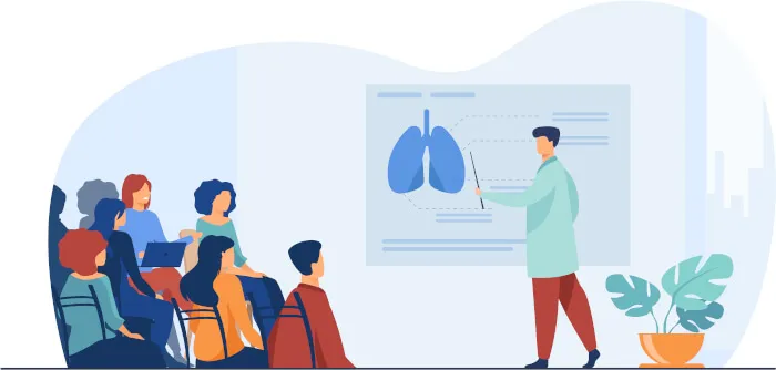 Illustration of a small group of people sitting on chairs. They are watching a man in a white overcoat giving a presentation. There is a large diagram on the wall behind him showing a pair of lungs, at which he is pointing with a pointing device.