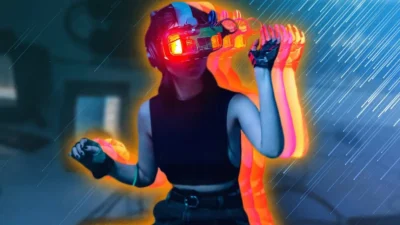 A woman outlined in a neon coloured halo. She is wearing a VR headset on her head.